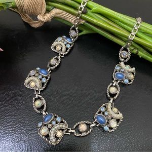 Vintage SELRO Blue Stone Rhinestones Faux Pearl Victorian Style Necklace
